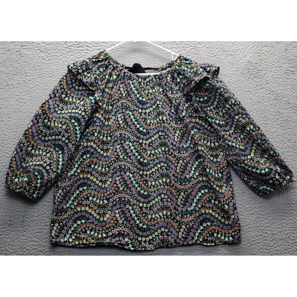 LOFT Blouse Top Womens Petite Large Multi Floral Boho Ruffle Shoulder Tie Back